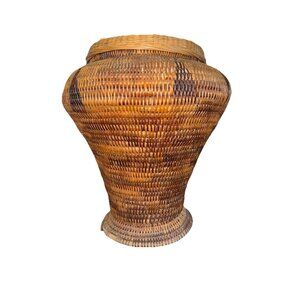 ANTIQUE HAND WOVEN 15.5” Tall Philippine COIL BASKET WITH LID African Tribal